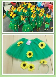 there are two pictures with sunflowers on them and one has a green tutu skirt