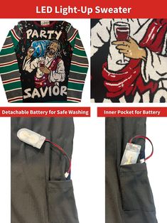 three images show different ways to use led light - up sweaters, including battery and pocket for battery