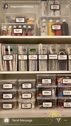 an organized pantry with plastic bins and labels on the shelves, labeled to organize