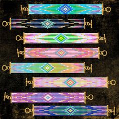 four rows of bracelets are shown in different colors