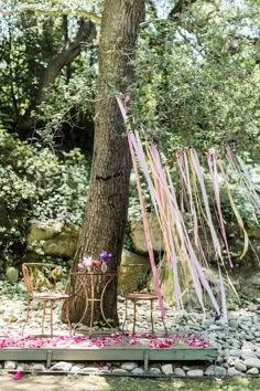 an outdoor wedding setup with streamers and flowers on the ground next to a tree