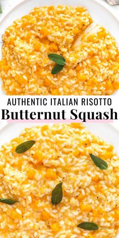 two plates with risotto and butternut squash on them, one is topped with sage leaves