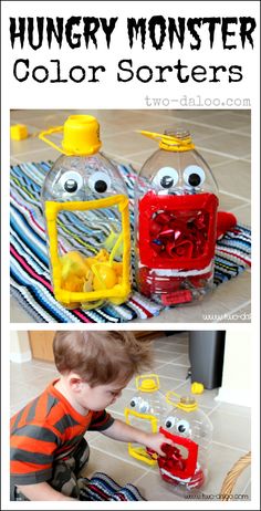 two pictures one shows a child playing with toys and the other shows an empty bottle