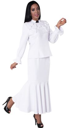 Unique 2-pieces women church suit by Tally Taylor Featuring Ruffled collar with gathered sleeves Flared skirt design Perfect for any church event Tally Taylor suits and dresses Ministry Apparel, Clergy Women, Clergy Robes, Church Attire, Women Church Suits, Women Church, Church Outfit, Church Suits, Church Dresses