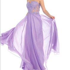 Cute Lilac Strapless Layered Skirt And A Sparkling Sweetheart-Cut Bodice Purple Strapless Evening Dress For Bridesmaid, Strapless Purple Bridesmaid Evening Dress, Strapless Purple Bridesmaid Dress, Purple Strapless Maxi Dress For Prom, Purple Strapless Dress For Spring Prom, Purple Chiffon Dress With Sweetheart Neckline, Strapless Dress For Prom Season, Dresses Lilac, May Queen