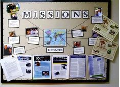 a bulletin board with the word mission on it and several different papers attached to it