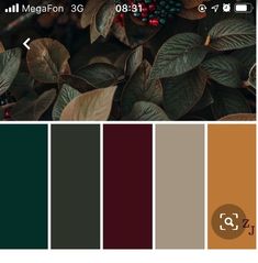 the color palette is brown, green and red with some leaves on top of it