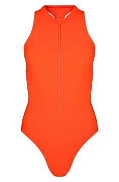 Jump on your surfboard and head out in this sporty one-piece featuring a zip-up placket and no sleeves. Lined Removable soft cups 69% nylon, 31% spandex Machine wash, dry flat Imported Sporty Fitted Swimwear With Zipper Closure, Casual Stretch Swimwear With Zipper Closure, Casual Beach Swimwear With Zipper Closure, Sporty Stretch Swimwear With Zipper Closure, Casual Summer Swimwear With Zipper Closure, Sporty Zipper-closure Swimwear For Poolside, Sweaty Betty, Soft Cup, Zip Up