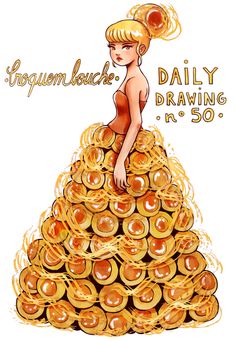 a drawing of a woman in a dress made out of gold coins with the words goupmhock daily drawing r 50