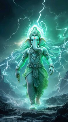 an image of lord ganesha with lightning in the background