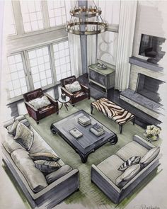 a drawing of a living room with couches, chairs and a coffee table in it