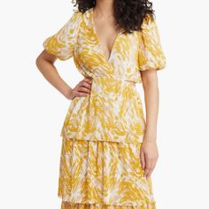 A Brushstroked Print Animates A Tiered Dress Designed With Cheeky Cutouts And A Dipped Neckline. 39" Length (Size Medium) Plunge Neck Short Sleeves Partially Lined 100% Polyester Machine Wash, Tumble Dry Imported Item # 7605731 B29 Mustard V-neck Midi Dress For Brunch, Charles Henry, Tiered Dress, Dot Dress, Abstract Print, Yellow White, Designer Dresses, Colorful Dresses, Short Sleeves