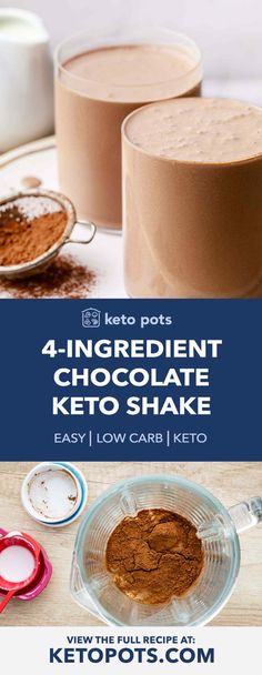 chocolate keto shake recipe on a table with ingredients to make it in the background