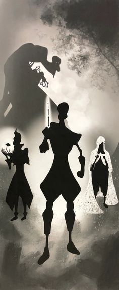 the silhouettes of three people standing in front of an image of a man and woman