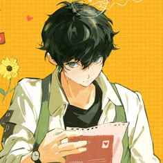 an anime character with black hair holding a book