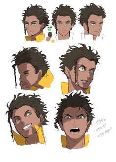 various facial expressions and hair styles for the character