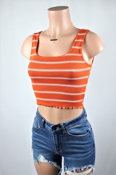 Size: S, Color: Orange Tang Top, Pumpkin Costume, Costume Inspo, Ribbed Crop Top, Striped Tank Top, Striped Tank, Color Stripes, Color Orange, Blue Jeans