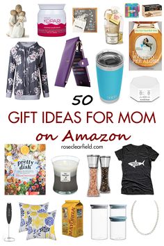 the words 50 gift ideas for mom on amazon are in red and white with images of items