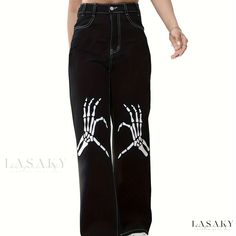 Lasaky - Skeleton Hand Print Straight Jeans - Loose Fit Slant Pockets Non-Stretch Denim Pants for Women, Halloween-inspired Fashion Stretch Denim Pants, Skeleton Hand, Applique Pattern, Style Party, Women Denim Jeans, Hand Print, Halloween Women, Jean Outfits, Denim Pants