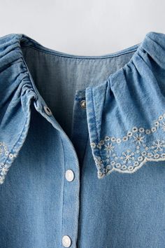 DENIM EMBROIDERED DRESS - Mid-blue | ZARA United States Embroidered Denim Dress, Trench Coat Dress, Bib Collar, Blouse Jeans, Shirt Blouses Tops, Embroidered Denim, Mid Dresses, Knitwear Cardigan, T Shirt Vest