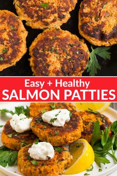 salmon patties on a plate with lemon wedges and parsley