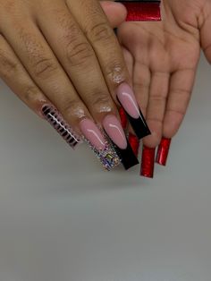 Black And White Red Bottom Nails, Square Acrylic Nails Red Bottoms, Red And Black Nails Black Women, Red Prom Nails Black Women, Short Red Birthday Nails, Black Red Bottom Nails Square, Black French Tip Nails Red Bottoms, Black French Tip Red Gems