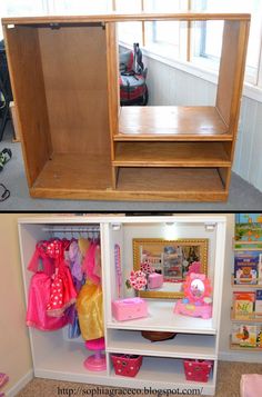 two pictures of children's toys in the same room, one is open and the other has clothes on it