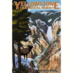 the yellowstone national park poster features an elk in front of a waterfall and snowy mountains