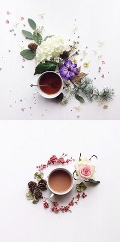 two cups of tea with flowers on them