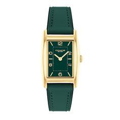 A distinctive and stately design, the minimalist ladies' Reese watch from Coach is an elevated choice for everyday wear. Green dial with gold-toned numerical and stick markers 24.0mm rectangular gold-toned ion-plated stainless steel case with mineral crystal Japanese quartz movement Green leather strap; buckle clasp Water-resistant to 30 meters We are an authorized Coach dealer Classic Watches With Rectangular Dial For Work, Everyday Watches With Rectangular Dial And Polished Finish, Timeless Yellow Gold Watches For Work, Classic Rectangular Watches For Workwear, Classic Rectangular Watches For Work, Classic Rectangular Workwear Watches, Classic Watches With Gold-tone Hardware And Rectangular Dial, Classic Yellow Gold Watch Accessories For Everyday, Classic Yellow Gold Watch For Everyday