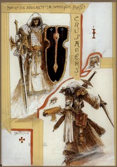 a drawing of two knights with swords and armor, one holding a shield while the other holds