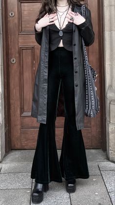 Theatrical Romantic Curly Hair, Denim Jacket And Leather Pants, Metal Mom Outfits, Marcilene Adventure Time Outfits, 2023 Goth Fashion, Nancy Downs Outfit Ideas, Southern Alternative Fashion, Retro Goth Aesthetic, Goth Fall Fashion