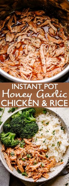 instant pot honey garlic chicken and rice with broccoli on the side in a pan