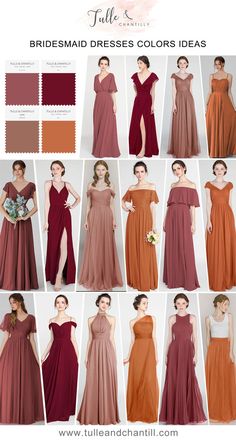 bridesmaid dresses in different colors and styles, including one with high slits