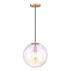 a light fixture with a glass ball hanging from it's end and a black cord