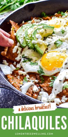 a skillet filled with eggs, cheese and avocado on top of it