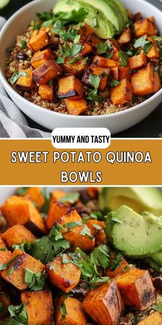 Sweet Potato Quinoa Bowls Sweet Potato And Black Bean, Quinoa Bowls, Vegetarian Main Dishes, Healthy Bowls, Quinoa Bowl, Mediterranean Diet Recipes, Recipes Vegetarian