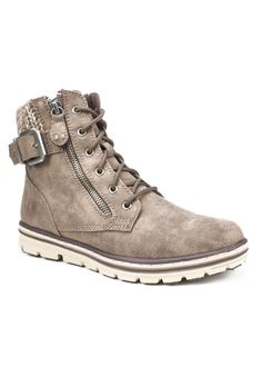 The Kelsie lace-up boot from Cliffs by White Mountain will be your go to this season. This boot takes the styling of a classic hiker to a fashion statement with its buckle and sweater detailing. The light-weight outsole and light cushioned insole make this style a great boot for all day wear.Textile UpperSynthetic LiningSynthetic Outsole1" Heel height5" Shaft height9.25" Boot leg circumferenceBoot available in sizes 6-9 whole and half sizes, 10, 11 | Women's Kelsie Boot by Cliffs in Stone (Size Hiker Style, Side Zip Boots, White Mountain Shoes, Mountain Shoes, Stylish Sweaters, Lace Up Booties, White Mountain, Cozy Fashion, Lace Up Boots