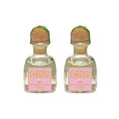 two small bottles filled with different types of perfumes, one has a green top and the other has a pink bottom