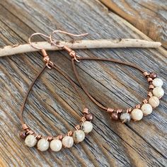 Free Jewellery Making Tutorials, Beige Earrings, Earrings Opal, Earrings Stone, Earrings Bohemian, Jewelry Making Tutorials, Bohemian Earrings, Opal Earrings, Copper Earrings