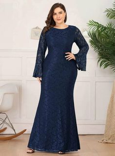 Silhouette:mermaid Hemline:floor length Neckline:scoop Fabric:lace Shown Color:navy blue Sleeve Style:long sleeve Back Style:zipper up Embellishment:lace Blue Dress Elegant, Gowns Elegant, Evening Party Dresses, Plus Size Cocktail Dresses, Plus Size Prom, Affordable Prom Dresses, Evening Dresses Plus Size, Lace Mermaid, Navy Blue Dress