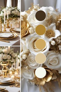 the table is set with gold and white flowers