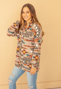 This seasons trend is Shackets and they are so so comfy. We will love how many ways you can wear this stunning Aztec Print Shacket. Your favorite shirt+ Jacket can be worn with jeans, shorts, skirts and with a dress. 83% Polyester 12% Rayon 5%Spandex 0-6 Small 6-9 Medium 10-12 Large 14-16 X Large Trending Tops, Bohemian Blouses, Dressy Blouse, Shorts Skirts, Striped Hoodie, Ruffled Sleeve Top, Aztec Print, Top Trends, Stripe Sweater