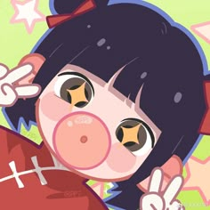 a cartoon girl with big eyes holding a football and making the peace sign for her