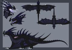 some sort of dragon like creature with different wings and body shapes, all in black