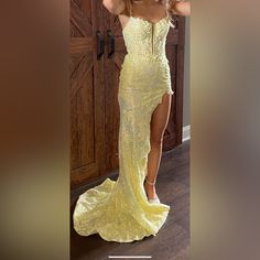 Size 4/ Light Yellow, Corset Top, Sequins And Flowers, Beautiful Long Train. Only Been Worn Once. Such A Beautiful Prom Dress! Yellow Sherri Hill Prom Dress, Pastel Orange Prom Dress, Light Yellow Prom Dress, Yellow Corset Top, Ruffled Prom Dress, Prom Dress Yellow, Yellow Prom Dresses, Yellow Corset, Dance Things