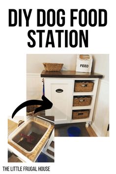 the dog food station is built into an old dresser