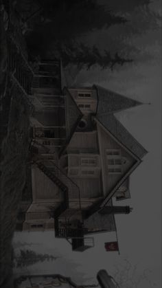 an artistic drawing of a house in the middle of a forest with stairs leading up to it