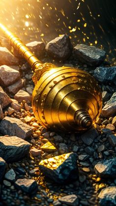 a golden bottle sitting on top of rocks and gravel with the sun shining behind it