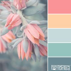 the color scheme is peach, blue and green with some pink flowers on top of it